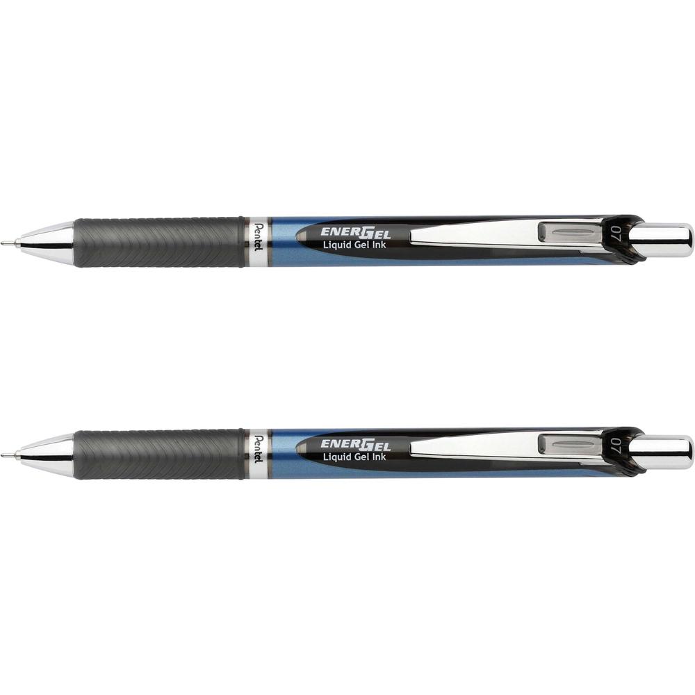 EnerGel EnerGel RTX Liquid Gel Pens - Medium Pen Point - 0.7 mm Pen Point Size - Needle Pen Point Style - Refillable - Retractable - Black Gel-based Ink - Blue Barrel - Stainless Steel Tip - 2 / Pack. Picture 1