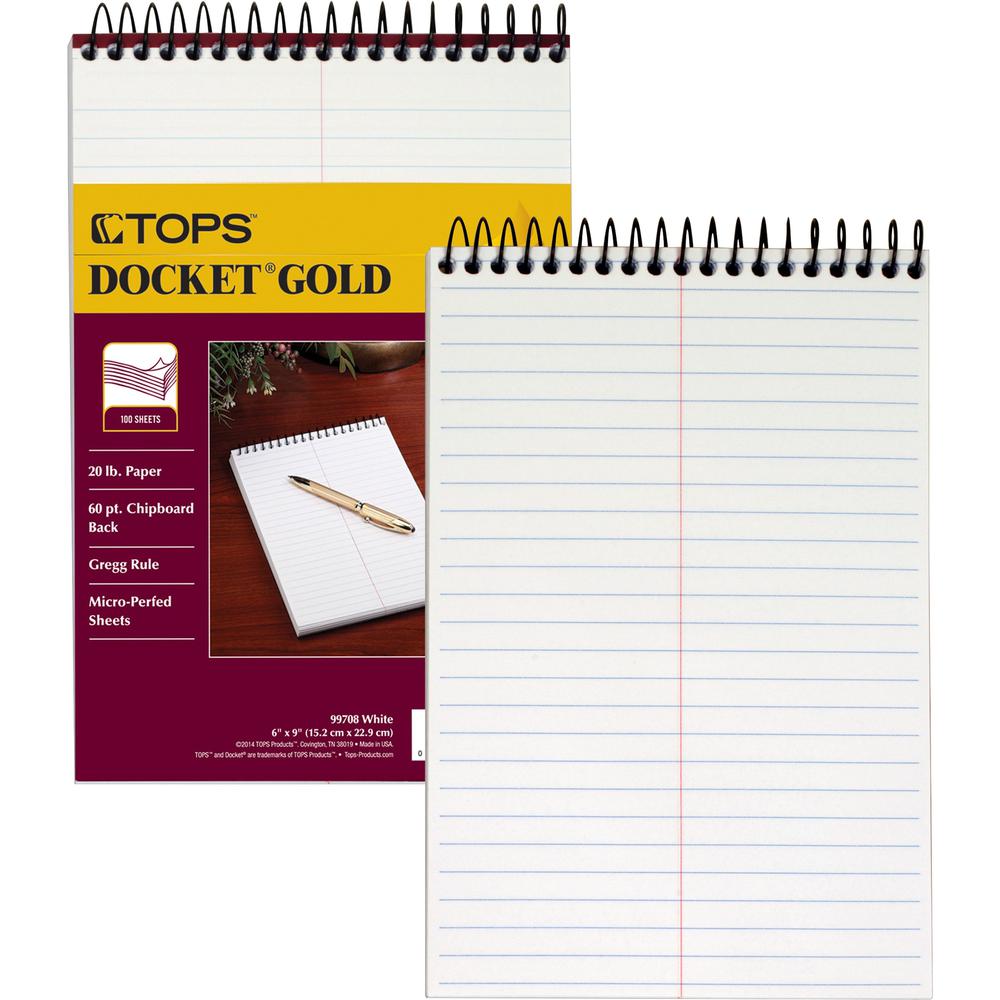 TOPS Docket Gold Spiral Steno Book - 100 Sheets - Coilock - 20 lb Basis Weight - 6" x 9" - 9" x 6" - White Paper - Frosty Clear Cover - Poly Cover - Perforated, Acid-free, Heavyweight, Unpunched - 1 E. The main picture.