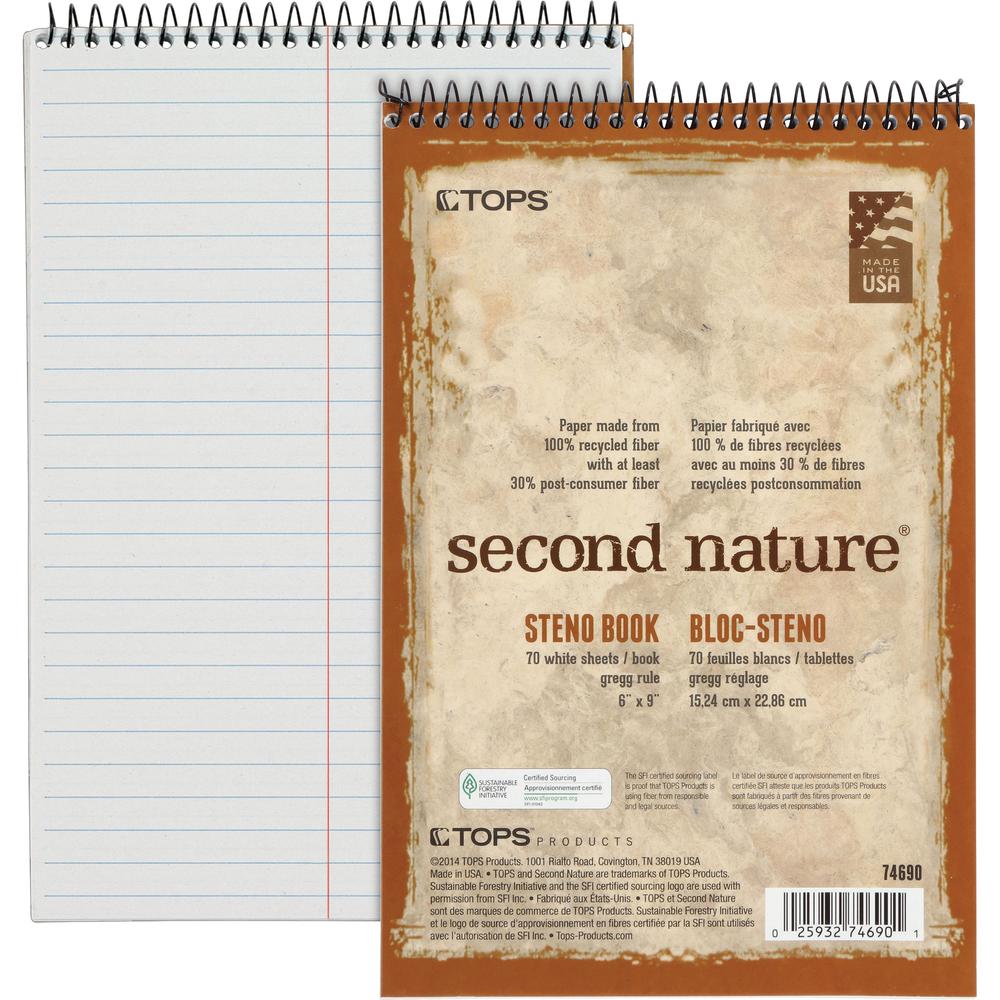 TOPS Second Nature Spiral Steno Notebook - 70 Sheets - Spiral - 0.34" Ruled - 15 lb Basis Weight - 6" x 9" - 1" x 6"9" - White Paper - Blue, Gray, Brown Cover - Acid-free - Recycled - 4 / Pack. The main picture.