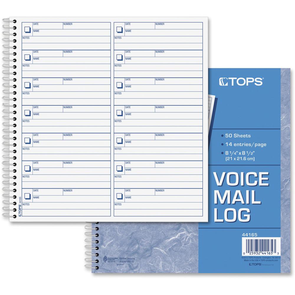 TOPS Voice Message Log Book - 50 Sheet(s) - 24 lb - Spiral Bound - 8.50" x 8.25" Sheet Size - White - Blue Print Color - 1 Each. Picture 1