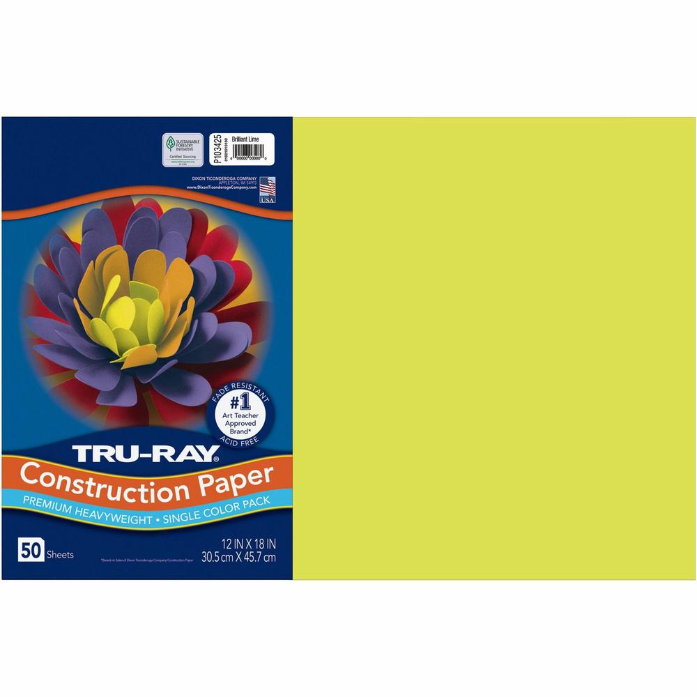 Tru-Ray Construction Paper - 18"Width x 12"Length - 76 lb Basis Weight - 50 / Pack - Brilliant Lime. Picture 1
