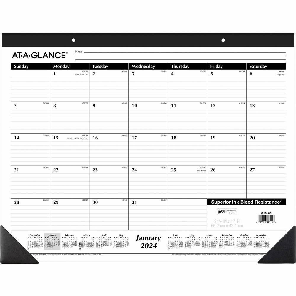 At-A-Glance Monthly Desk Pad Calendar - Standard Size - Julian Dates - Monthly - 1 Year - January 2024 - December 2024 - 1 Month Single Page Layout - 21 3/4" x 17" White Sheet - 2.87" x 2.37" Block - . Picture 1