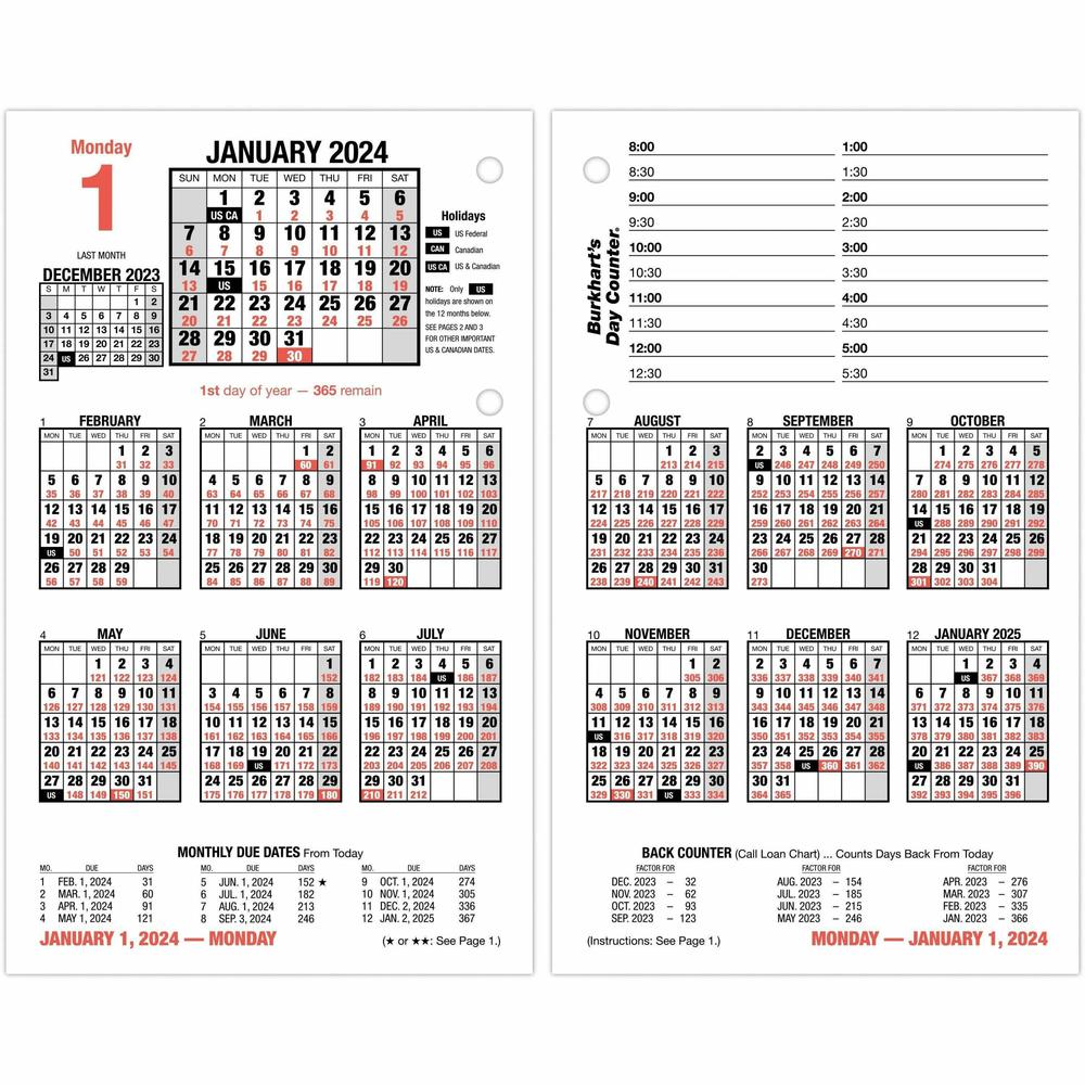 At-A-Glance Burkhart's Day Counter Daily Calendar Refill - Large Size - Julian Dates - Daily - 12 Month - January 2024 - December 2024 - 8:00 AM to 5:30 PM - Daily - 1 Day Double Page Layout - 4 1/2" . The main picture.