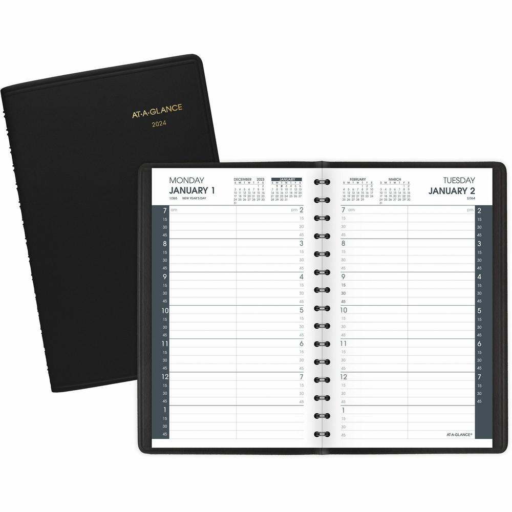 At-A-Glance Daily Appointment Book - Small Size - Julian Dates - Daily - January 2024 - December 2024 - 7:00 AM to 7:45 PM - Quarter-hourly - 1 Day Single Page Layout - 5" x 8" White Sheet - Wire Boun. The main picture.