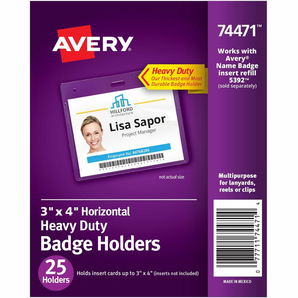 Avery&reg; Heavy-Duty Secure Top Clear Badge Holders - Support 3" x 4" Media - Horizontal - Polyvinyl Chloride (PVC) - 25 / Pack - Clear. The main picture.