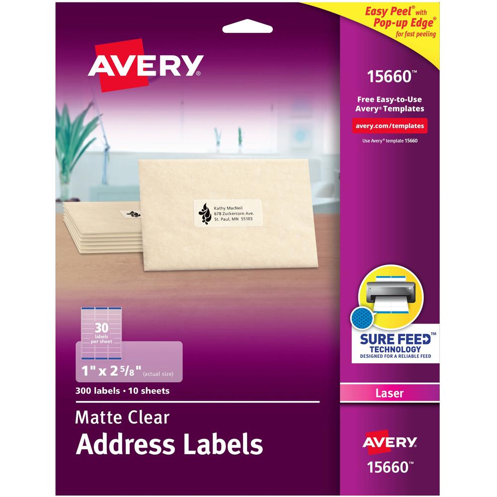 Avery&reg; Matte Address Labels - Sure Feed Technology - 1" Width x 2 5/8" Length - Permanent Adhesive - Rectangle - Laser - Clear - Film - 30 / Sheet - 10 Total Sheets - 300 Total Label(s) - 300 / Pa. Picture 1