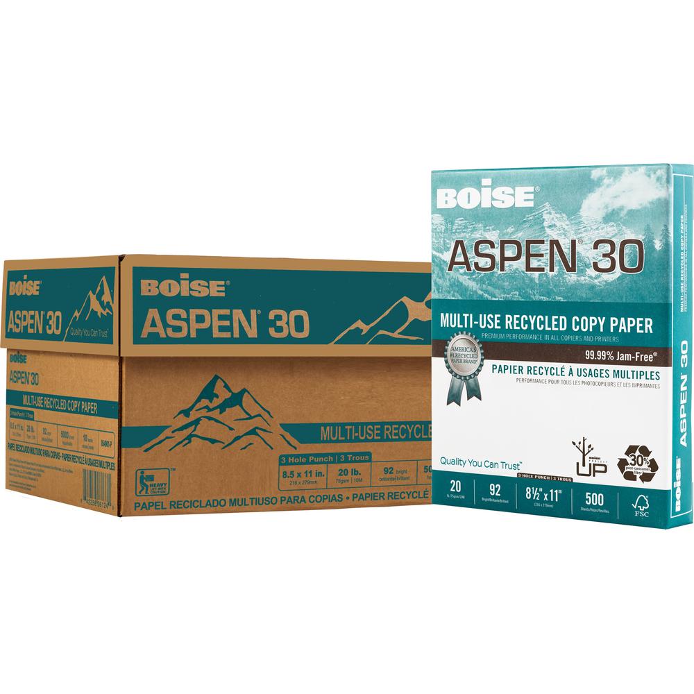 BOISE ASPEN 30% Recycled Multi-Use Copy Paper, 8.5" x 11" Letter, 3 Hole Punch, 92 Bright White, 20 lb., 10 Ream Carton (5,000 Sheets) - BOISE ASPEN 30% Recycled Multi-Use Copy Paper - Letter - 8 1/2". The main picture.