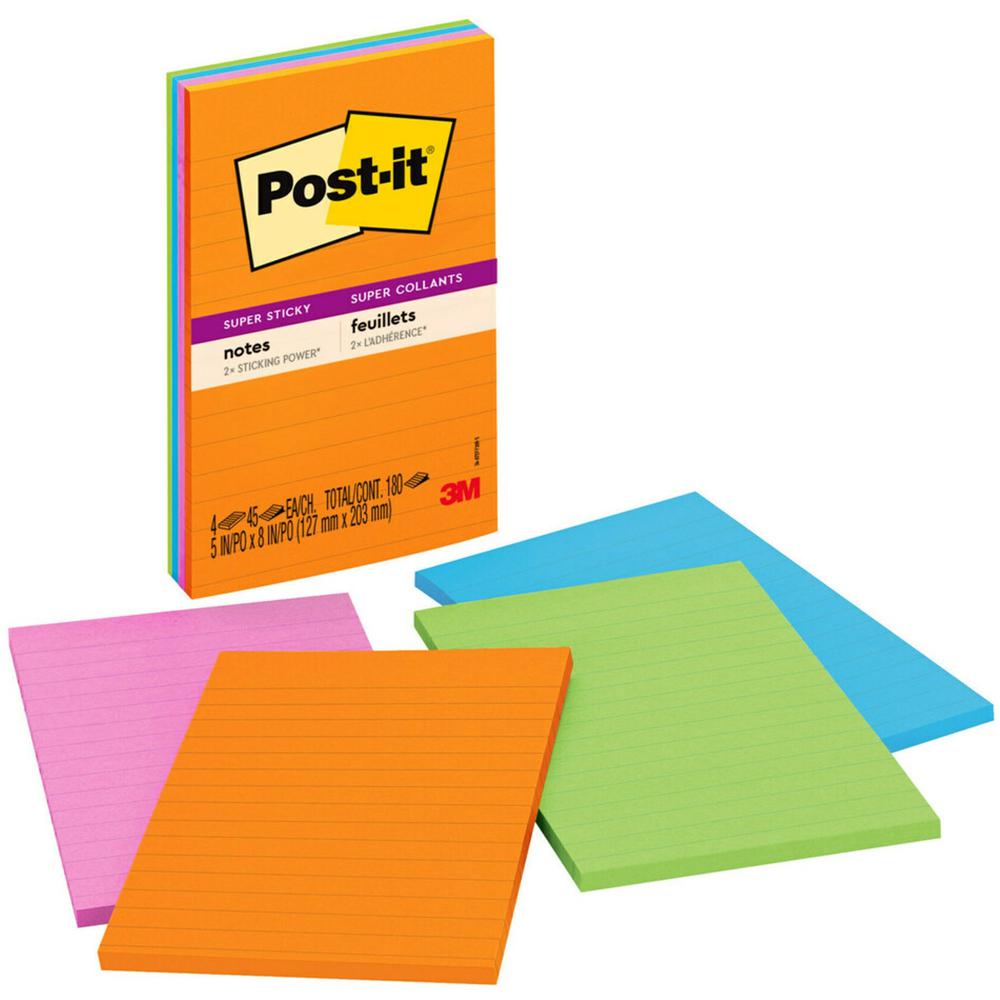 Post-it&reg; Super Sticky Notes - Energy Boost Color Collection - 180 - 4" x 6" - Rectangle - 45 Sheets per Pad - Ruled - Vital Orange, Tropical Pink, Blue Paradise, Limeade - Paper - Self-adhesive, R. Picture 1