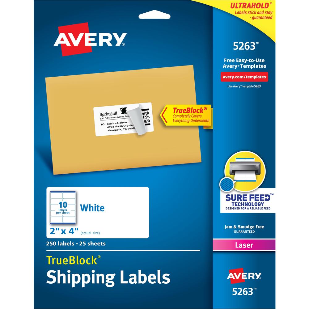 Avery&reg; Easy Peel White Shipping Labels - 2" Width x 4" Length - Permanent Adhesive - Rectangle - Laser - White - Paper - 10 / Sheet - 25 Total Sheets - 250 Total Label(s) - 5. Picture 1