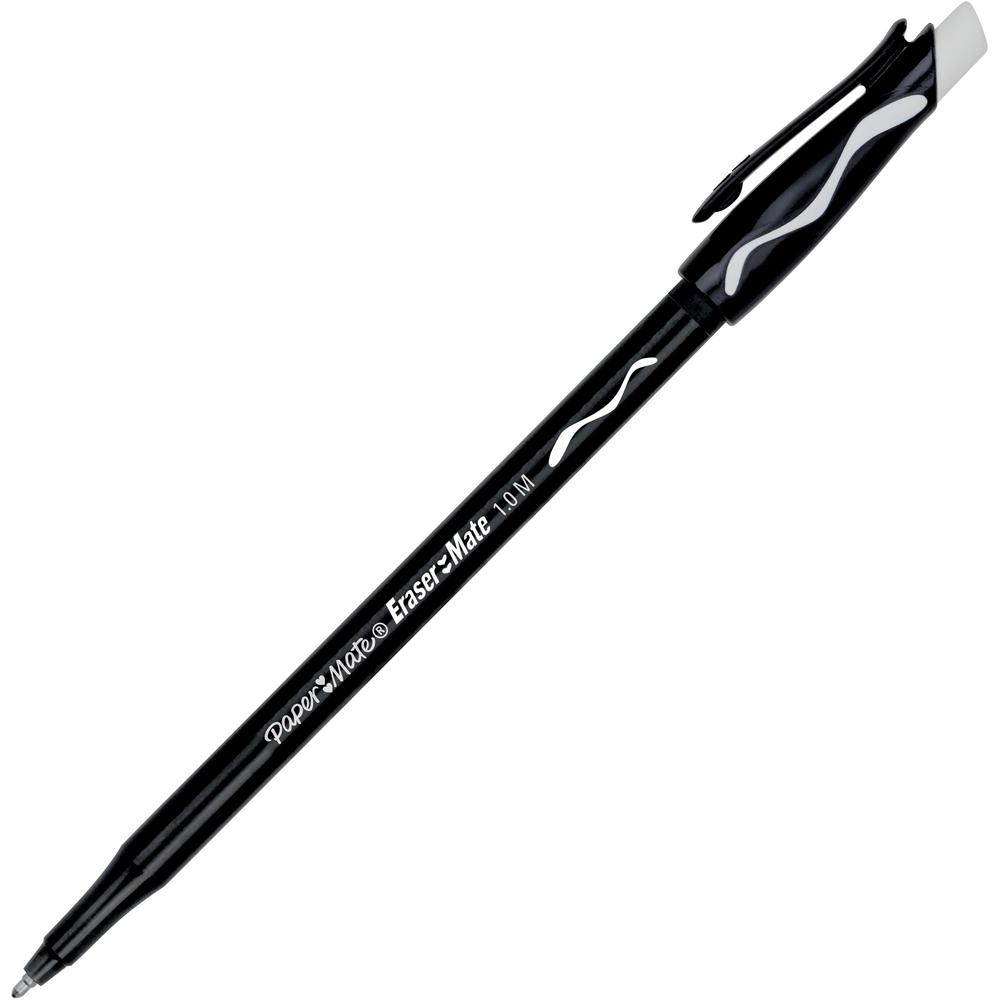 Paper Mate Erasermate Ballpoint Pens - Medium Pen Point - Retractable - Black - Black Barrel - 1 Dozen. Picture 1