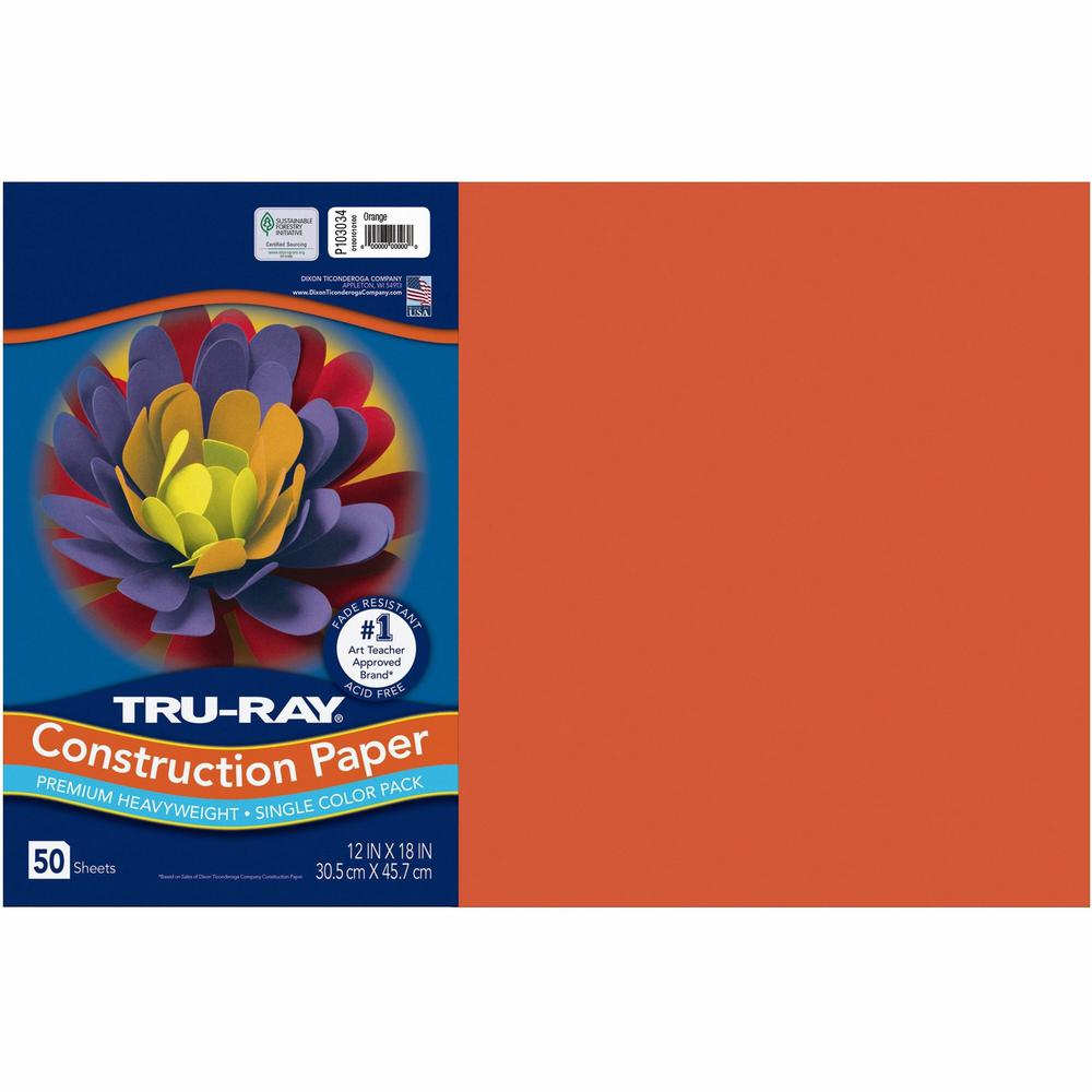 Tru-Ray Heavyweight Construction Paper - Art, Craft - 18"Width x 12"Length - 50 / Pack - Orange - Paper. Picture 1