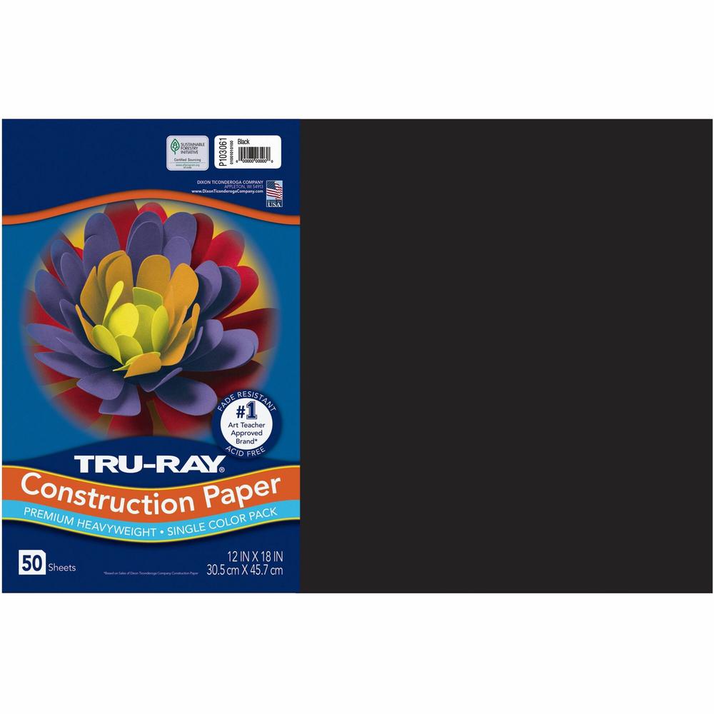 Tru-Ray Heavyweight Construction Paper - Art, Craft - 18"Width x 12"Length - 76 lb Basis Weight - 50 / Pack - Black - Paper. Picture 1