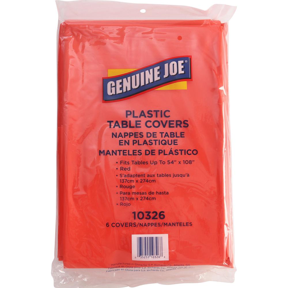 Genuine Joe Plastic Rectangular Table Covers - 108" Length x 54" Width - Plastic - Red - 6 / Pack. Picture 1