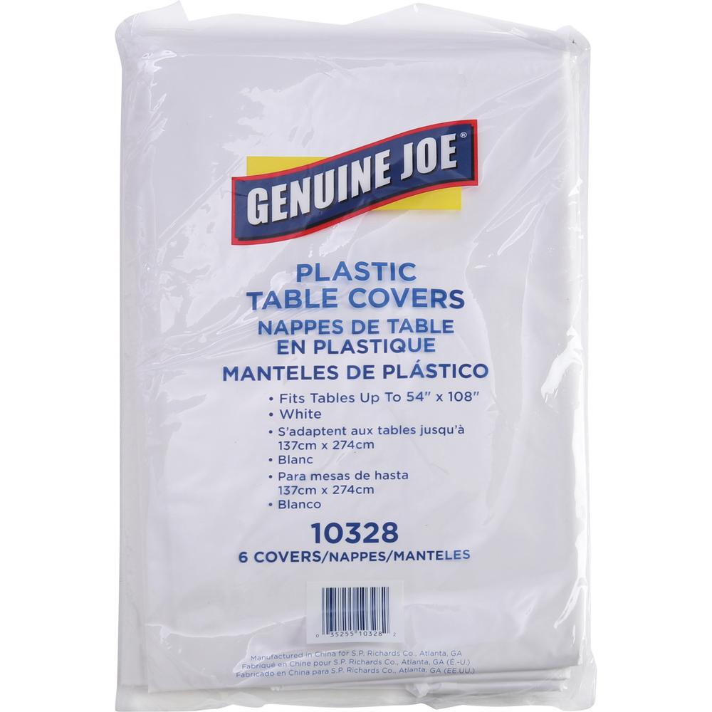 Genuine Joe Plastic Rectangular Table Covers - 108" Length x 54" Width - Plastic - White - 6 / Pack. The main picture.