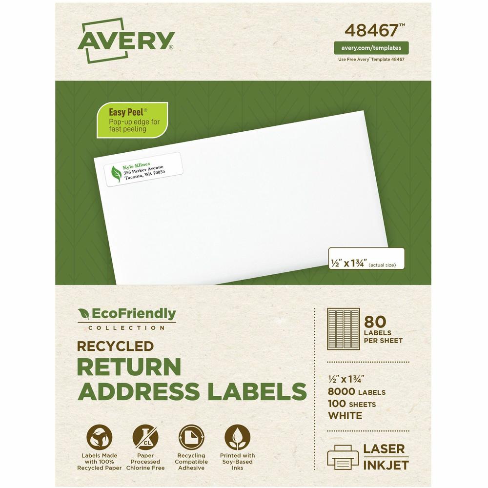 Avery&reg; EcoFriendly Address Label - 1/2" Width x 1 3/4" Length - Permanent Adhesive - Rectangle - Laser, Inkjet - White - Paper - 80 / Sheet - 100 Total Sheets - 8000 Total Label(s) - 8000 / Box. The main picture.