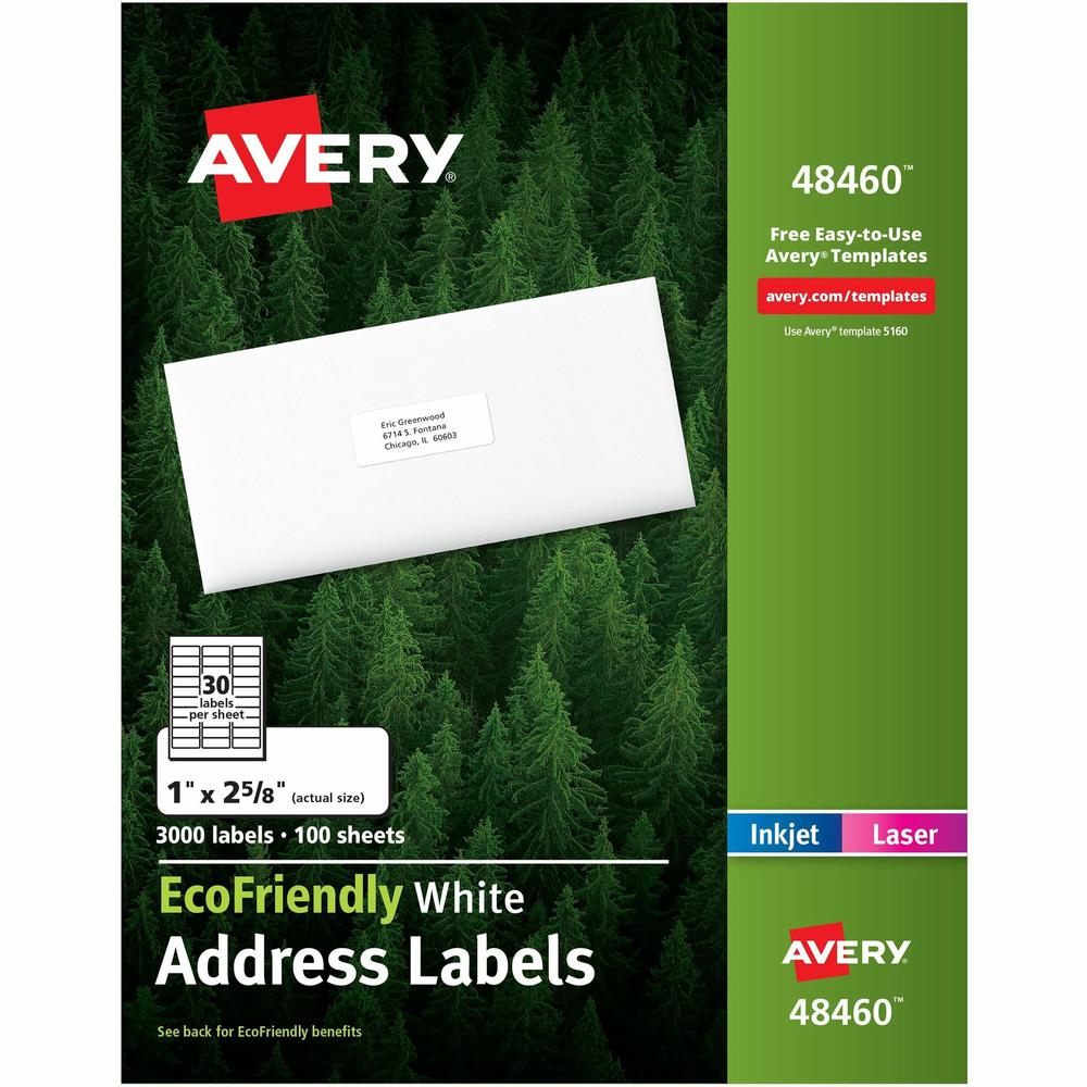 Avery&reg; EcoFriendly Address Labels - 1" Width x 2 5/8" Length - Permanent Adhesive - Rectangle - Laser, Inkjet - White - Paper - 30 / Sheet - 100 Total Sheets - 3000 Total Label(s) - 3000 / Box. Picture 1