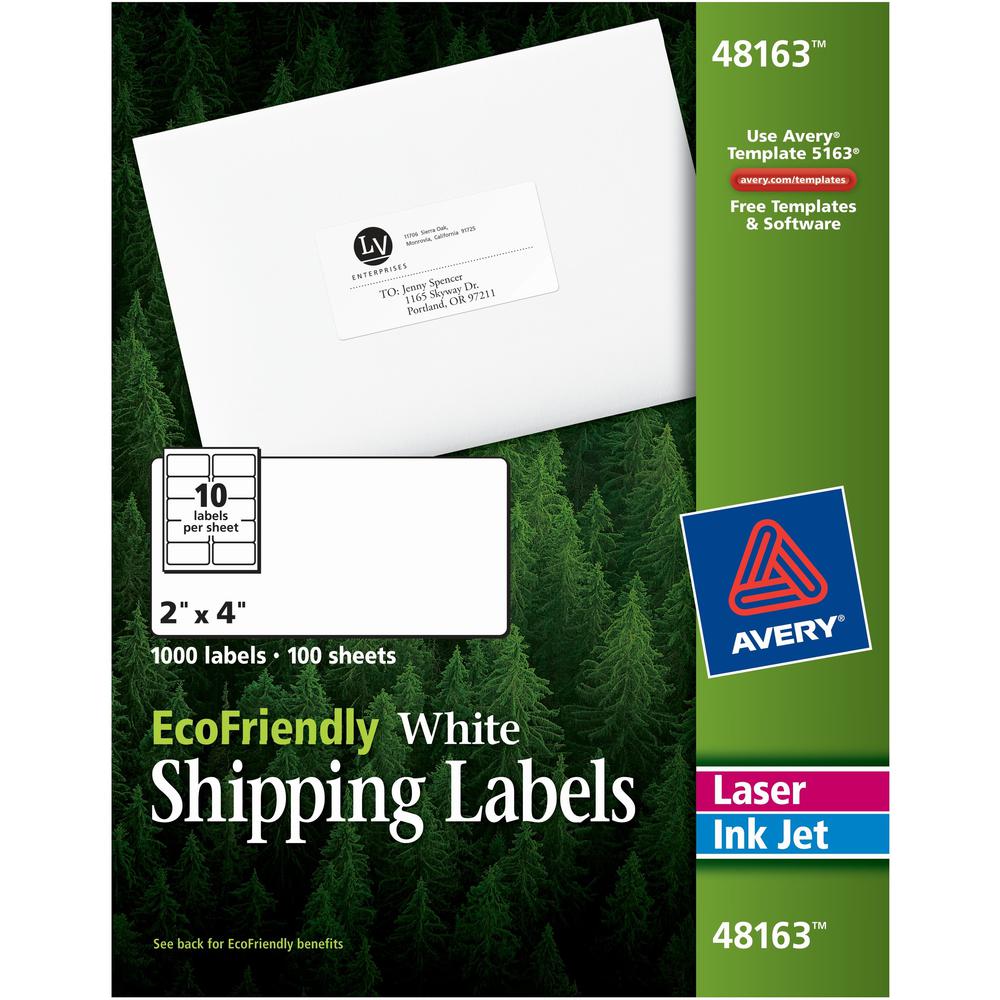 Avery&reg; EcoFriendly Shipping Label - 2" Width x 4" Length - Permanent Adhesive - Rectangle - Laser, Inkjet - White - Paper - 10 / Sheet - 100 Total Sheets - 1000 Total Label(s) - 1000 / Box. The main picture.