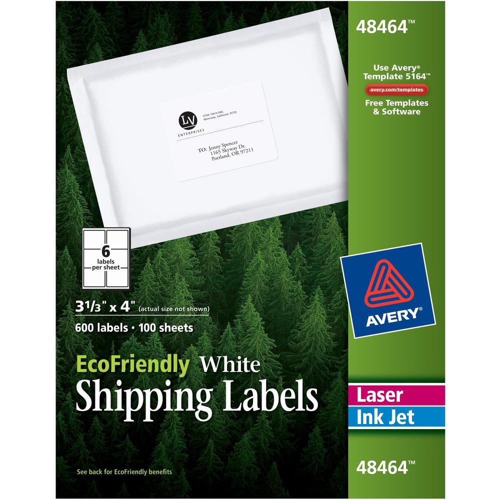 Avery&reg; EcoFriendly Shipping Label - 3 21/64" Width x 4" Length - Permanent Adhesive - Rectangle - Laser, Inkjet - White - Paper - 6 / Sheet - 100 Total Sheets - 600 Total Label(s) - 600 / Box - Re. Picture 1