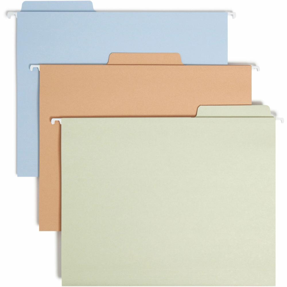 Smead FasTab 1/3 Tab Cut Letter Recycled Hanging Folder - 8 1/2" x 11" - Top Tab Location - Assorted Position Tab Position - Camel, Lake Blue, Moss - 10% Recycled - 18 / Box. Picture 1