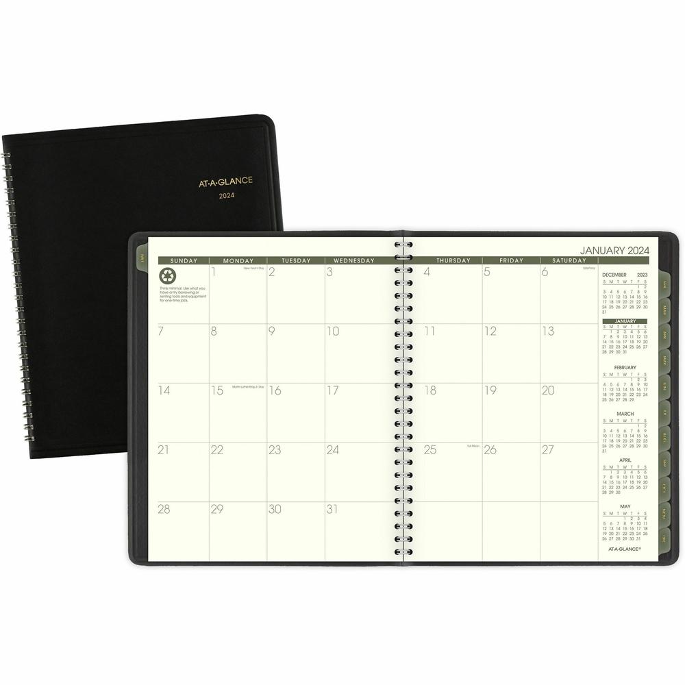 At-A-Glance Recycled Planner - Julian Dates - Monthly - 1 Year - January 2024 - December 2024 - 6 7/8" x 8 3/4" Sheet Size - Wire Bound - Desk Pad - Black - Simulated Leather - Address Directory, Phon. Picture 1