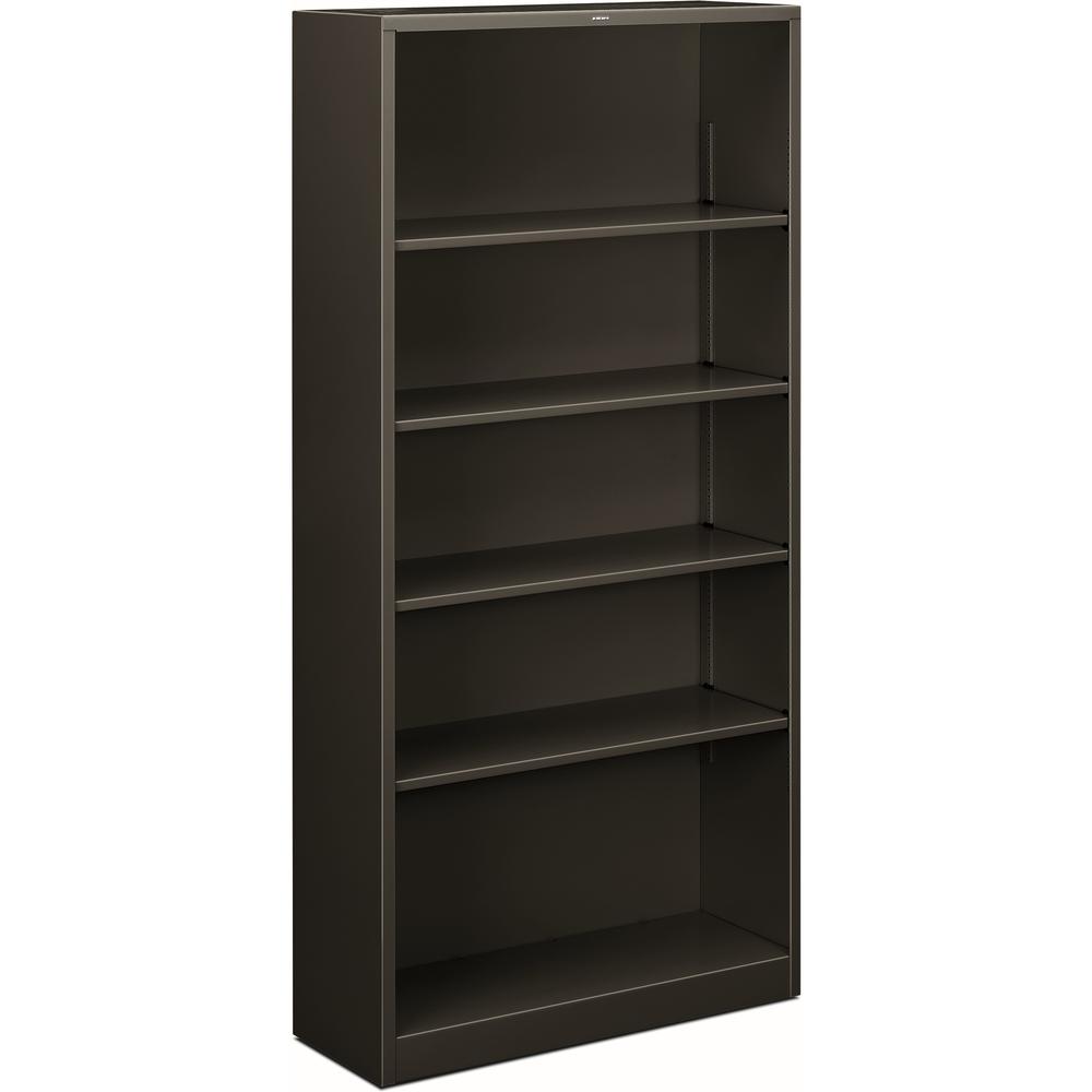 HON Brigade Steel Bookcase | 5 Shelves | 34-1/2"W | Charcoal Finish - 71" Height x 34.5" Width x 12.6" Depth - Adjustable Shelf, Reinforced, Welded, Durable, Compact - Steel. Picture 1