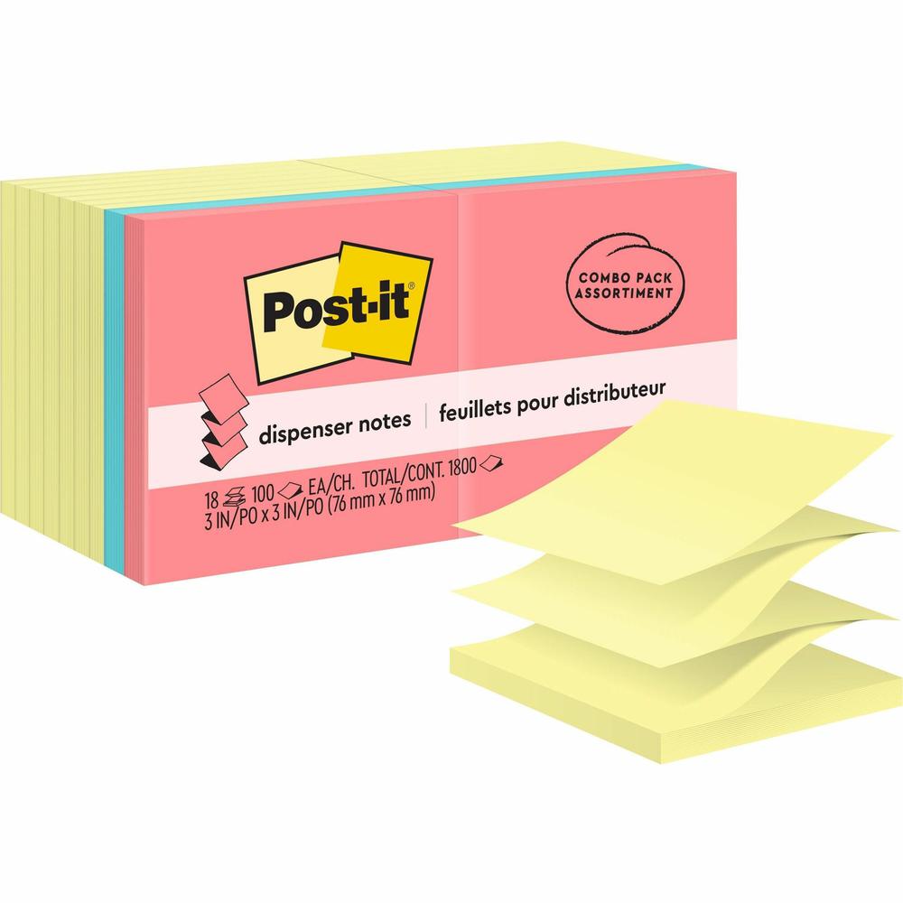 Post-it&reg; Dispenser Notes - Assorted Colors - 1800 - 3" x 3" - Square - 100 Sheets per Pad - Unruled - Pink, Blue, Yellow - Paper - Pop-up, Self-adhesive, Repositionable - 18 / Pack. Picture 1