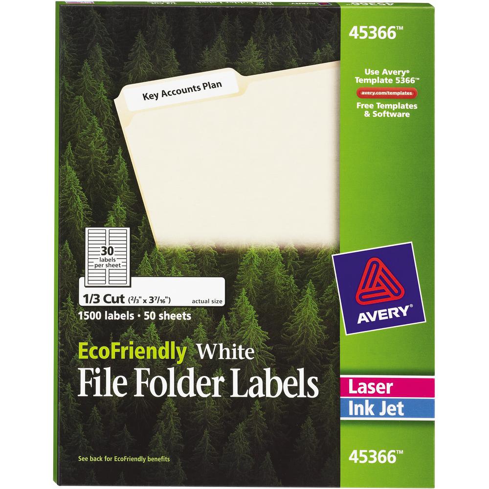 Avery&reg; File Folder Label - 21/32" Width x 3 7/16" Length - Permanent Adhesive - Rectangle - Laser, Inkjet - White - Paper - 30 / Sheet - 50 Total Sheets - 1500 Total Label(s) - 1500 / Box. Picture 1
