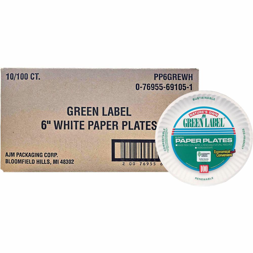 AJM 6" Green Label Economy Paper Plates - 100 / Bag - Microwave Safe - 6" Diameter - White - Paper Body - 10 / Carton. Picture 1