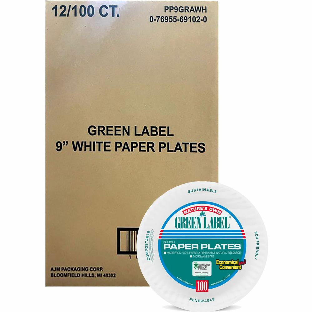 AJM 9" Green Label Economy Paper Plates - 100 / Bag - Microwave Safe - 9" Diameter - White - Paper Body - 12 / Carton. Picture 1