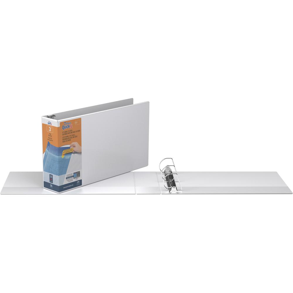 QuickFit D-ring Ledger Binder - 3" Binder Capacity - Ledger - 11" x 17" Sheet Size - D-Ring Fastener(s) - 1 Internal Pocket(s) - White - Recycled - Label Holder, Clear Overlay, Heavy Duty - 1 Each. Picture 1