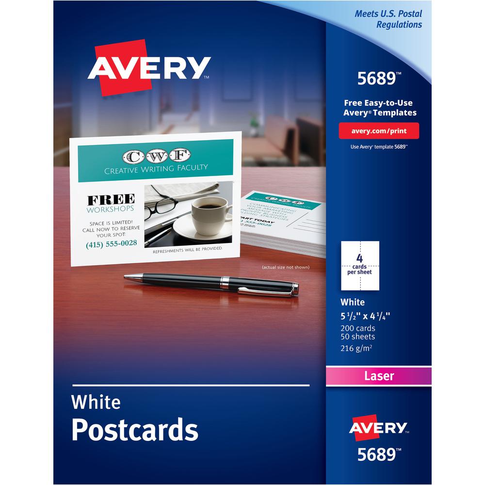 Avery&reg; Postcards - 97 Brightness - 5 1/2" x 4 1/4" - Matte - 200 / Box - Perforated, Heavyweight, Rounded Corner, Jam-free, Smudge-free, Double-sided, Uncoated, Recyclable, Biodegradable. The main picture.