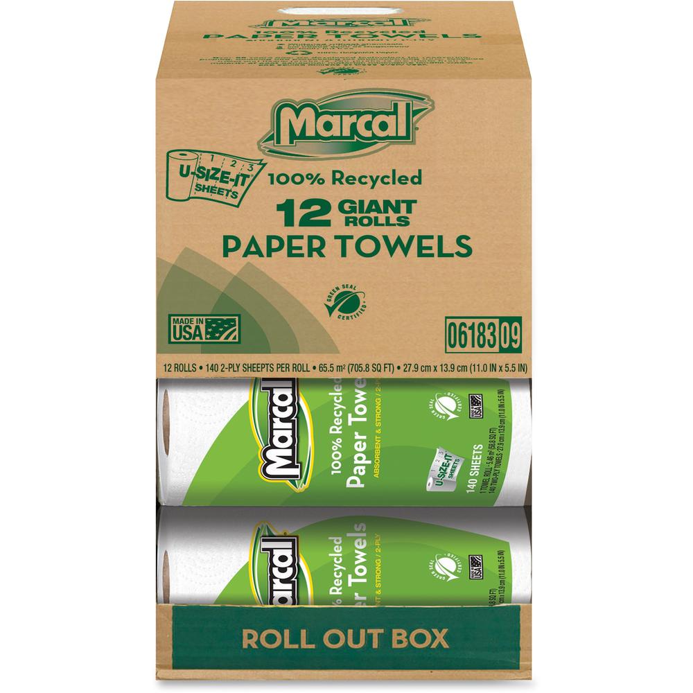 Marcal Giant Paper Towel in a Roll Out Carton - 2 Ply - 140 Sheets/Roll - White - Paper - 12 / Carton. Picture 1