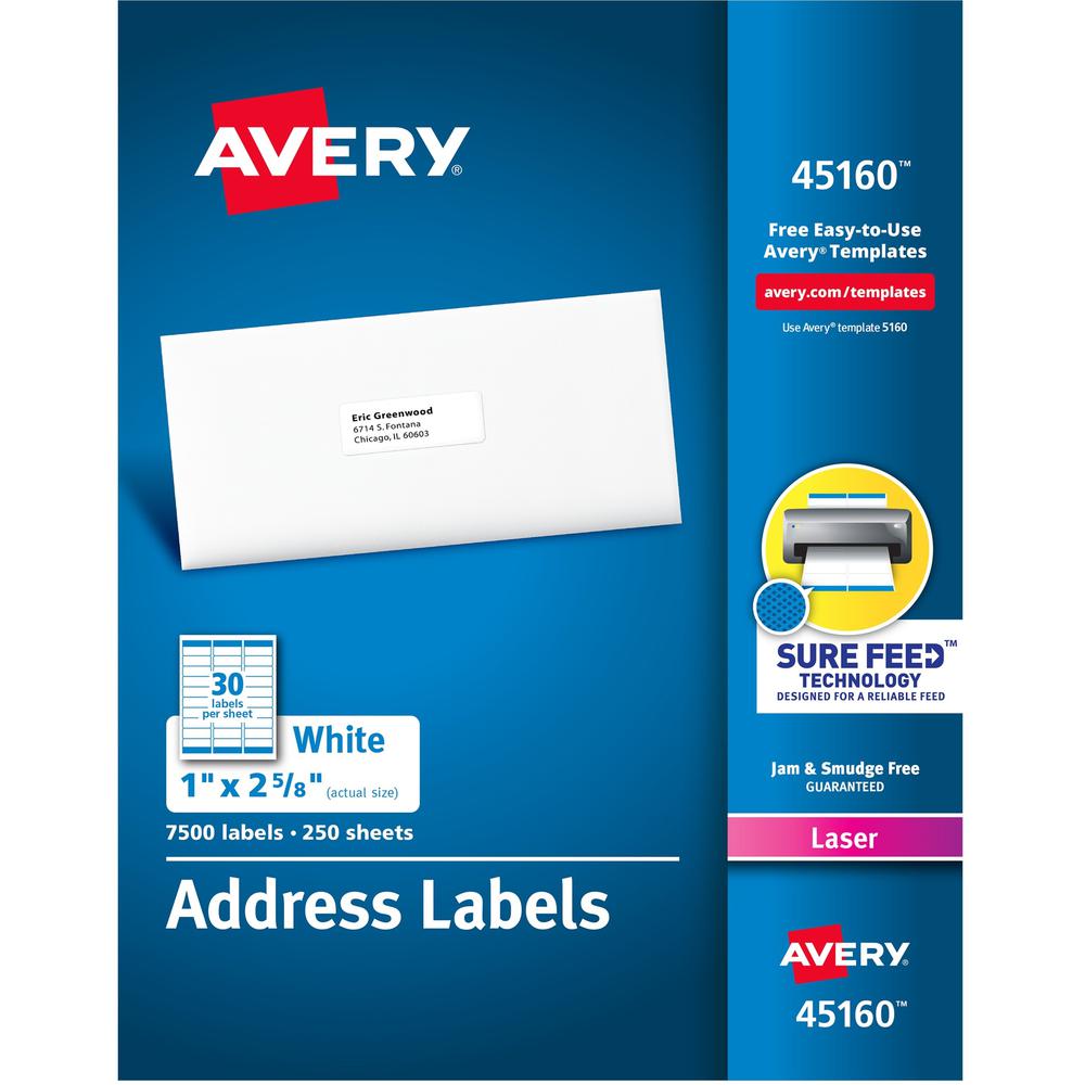 Avery&reg; Address Labels - Sure Feed Technology - 1" Width x 2 5/8" Length - Permanent Adhesive - Rectangle - Laser - White - Paper - 30 / Sheet - 250 Total Sheets - 7500 Total Label(s) - 7500 / Box. Picture 1