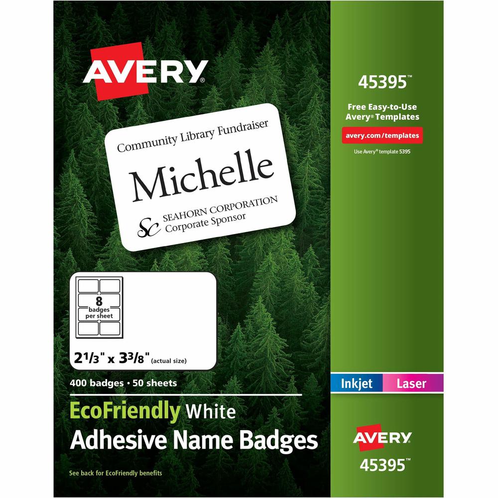 Avery&reg; Eco-friendly Premium Name Badge Labels - 2 21/64" Width x 3 3/8" Length - Removable Adhesive - Rectangle - Laser, Inkjet - White - Paper - 8 / Sheet - 50 Total Sheets - 400 Total Label(s) -. Picture 1