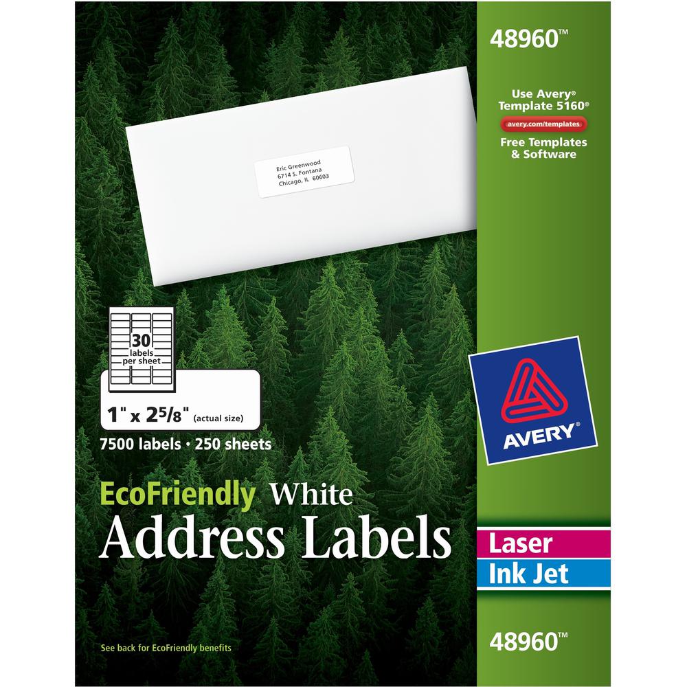 Avery&reg; EcoFriendly Address Label - 1" Width x 2 5/8" Length - Permanent Adhesive - Rectangle - Laser, Inkjet - White - Paper - 30 / Sheet - 250 Total Sheets - 7500 Total Label(s) - 7500 / Box. The main picture.
