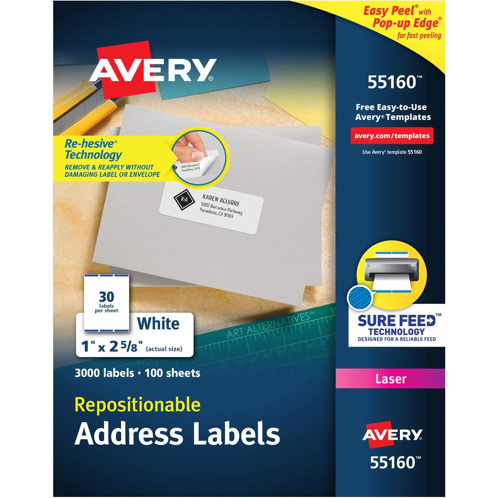 Avery&reg; Repositionable Address Labels - 1" Width x 2 5/8" Length - Rectangle - Laser, Inkjet - White - Paper - 30 / Sheet - 100 Total Sheets - 3000 Total Label(s) - 5. The main picture.