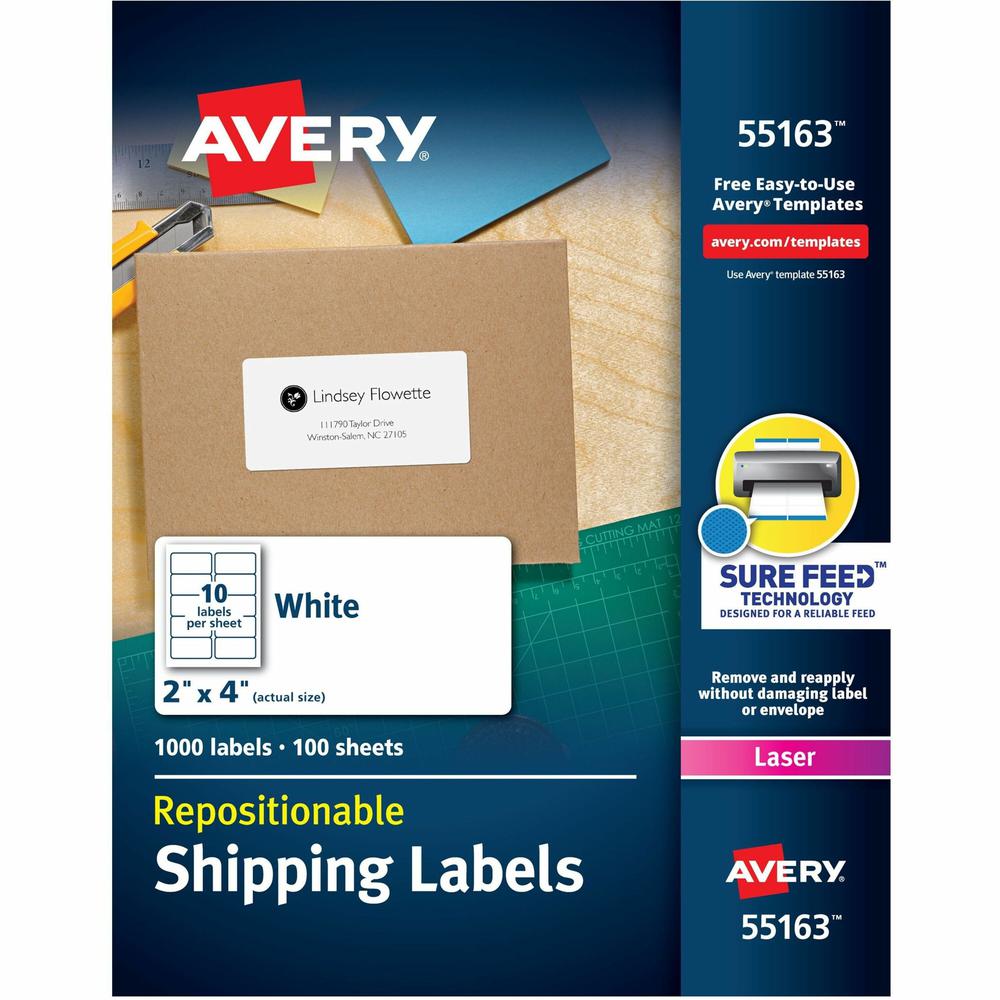 Avery&reg; Repositionable Labels, Sure Feed, 2" x 4" , 1,000 Labels (55163) - 2" Width x 4" Length - Rectangle - Laser - White - Paper - 10 / Sheet - 100 Total Sheets - 1000 Total Label(s) - 5 - Repos. Picture 1