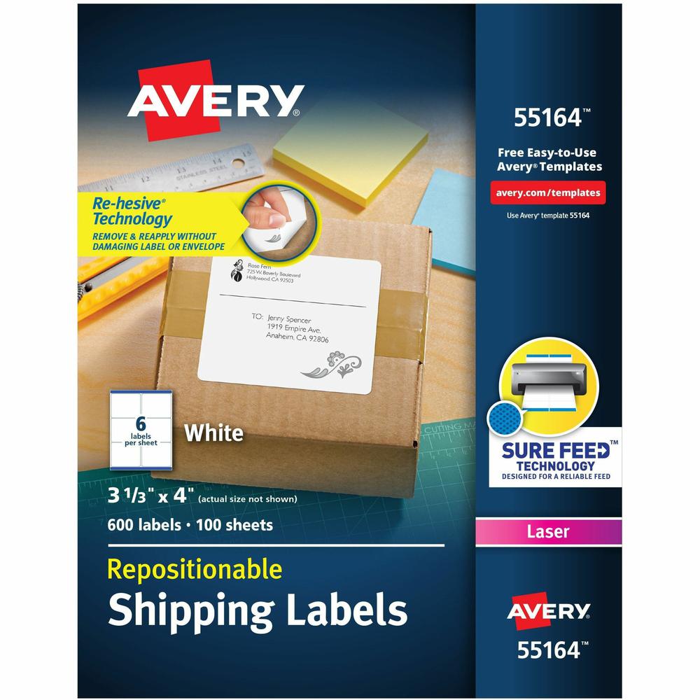 Avery&reg; Repositionable Labels, Sure Feed, 3-1/3"x4" , 600 Labels (55164) - 3 21/64" Width x 4" Length - Rectangle - Laser - White - Paper - 6 / Sheet - 100 Total Sheets - 600 Total Label(s) - 5 - R. Picture 1