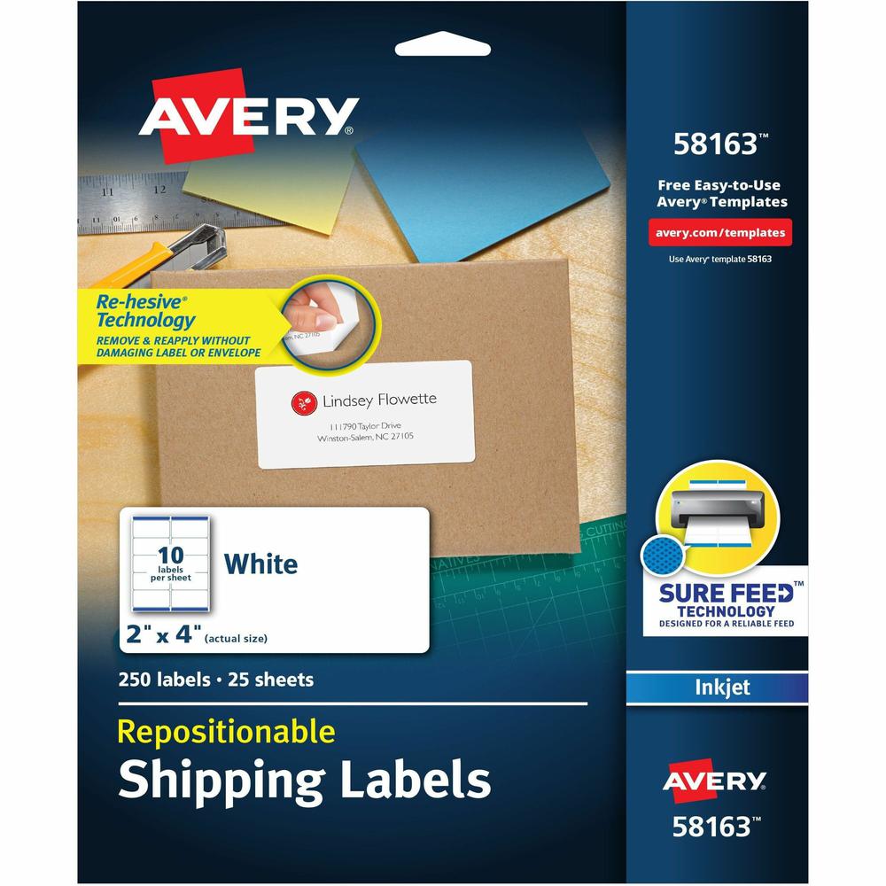 Avery&reg; Repositionable Labels, Sure Feed, 2" x 4" , 250 Labels (58163) - 2" Width x 4" Length - Rectangle - Inkjet - White - Paper - 10 / Sheet - 25 Total Sheets - 250 Total Label(s) - 5 - Repositi. Picture 1