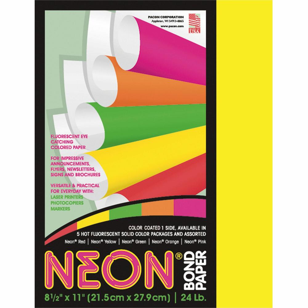 Pacon Neon Multipurpose Paper - Yellow - Letter - 8.50" x 11" - 24 lb Basis Weight - 100 Sheets/Pack - Bond Paper - Neon Yellow. Picture 1