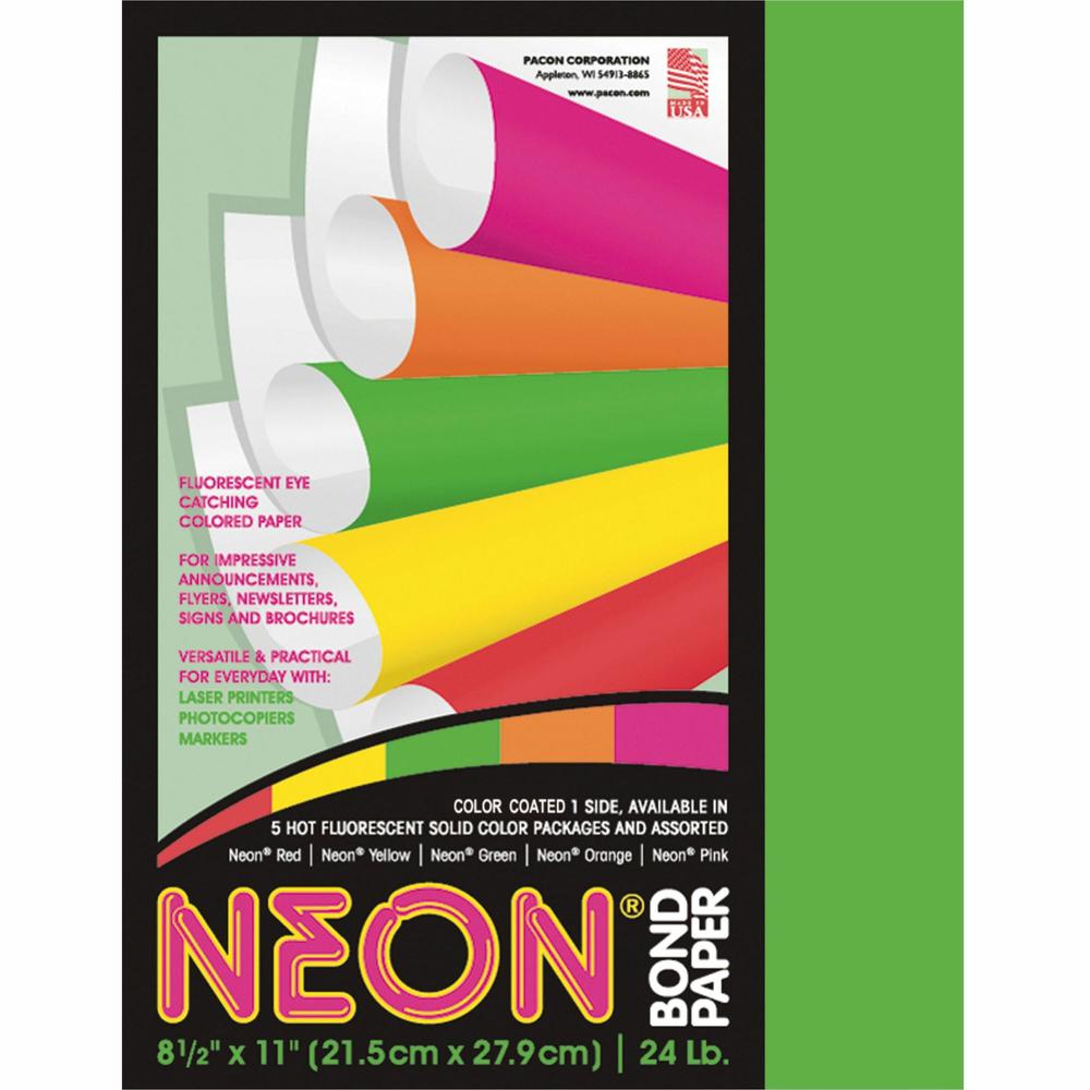 Pacon Neon Multipurpose Paper - Green - Letter - 8.50" x 11" - 24 lb Basis Weight - 100 Sheets/Pack - Bond Paper - Neon Green. Picture 1