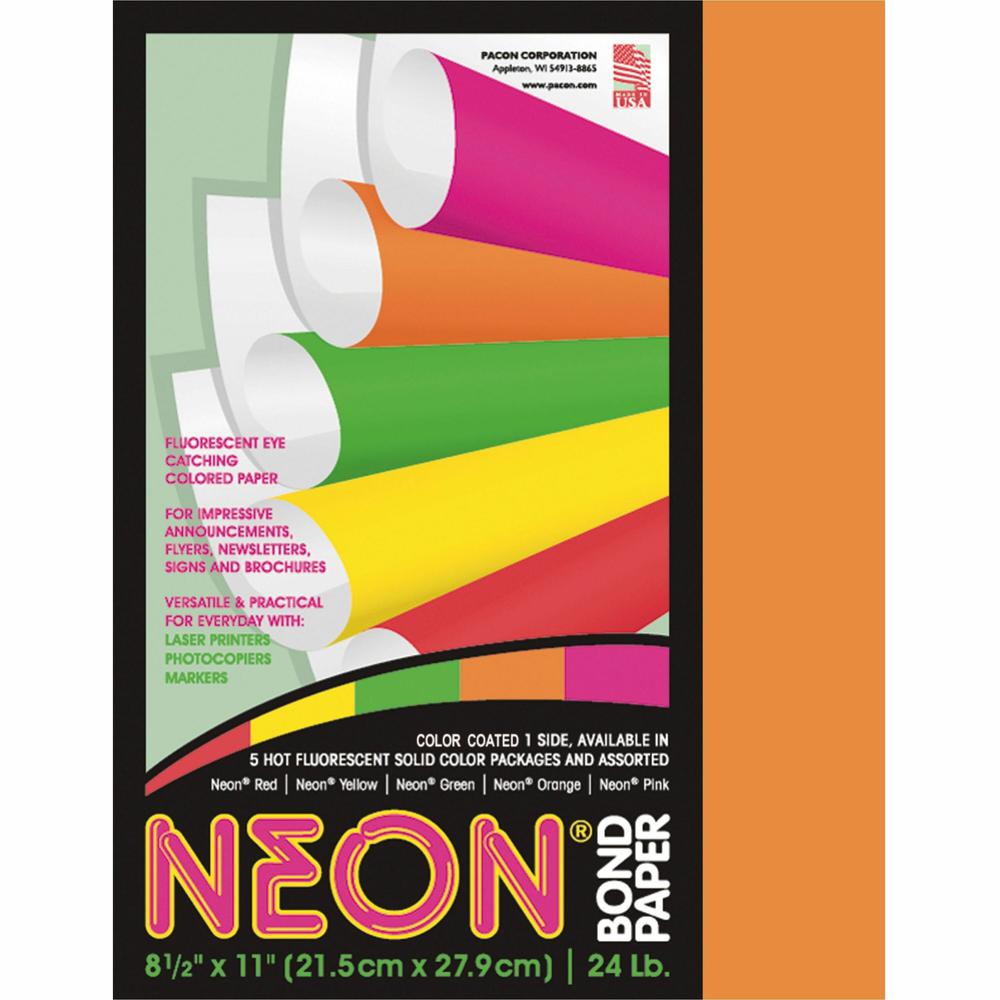Pacon Neon Bond Paper - Orange - Letter - 8 1/2" x 11" - 24 lb Basis Weight - 100 / Pack - Sustainable Forestry Initiative (SFI) - Neon Orange. Picture 1