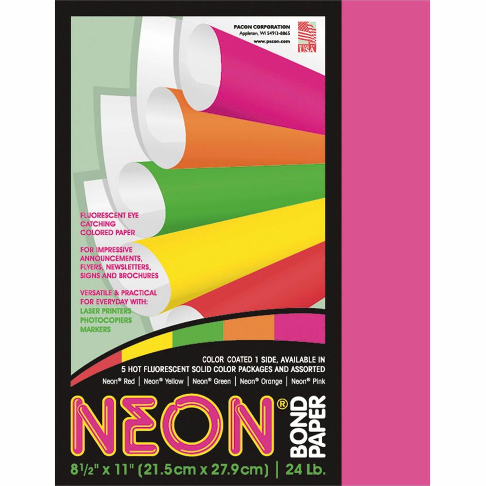 Pacon Neon Multipurpose Paper - Pink - Letter - 8.50" x 11" - 24 lb Basis Weight - 100 Sheets/Pack - Bond Paper - Neon Pink. Picture 1