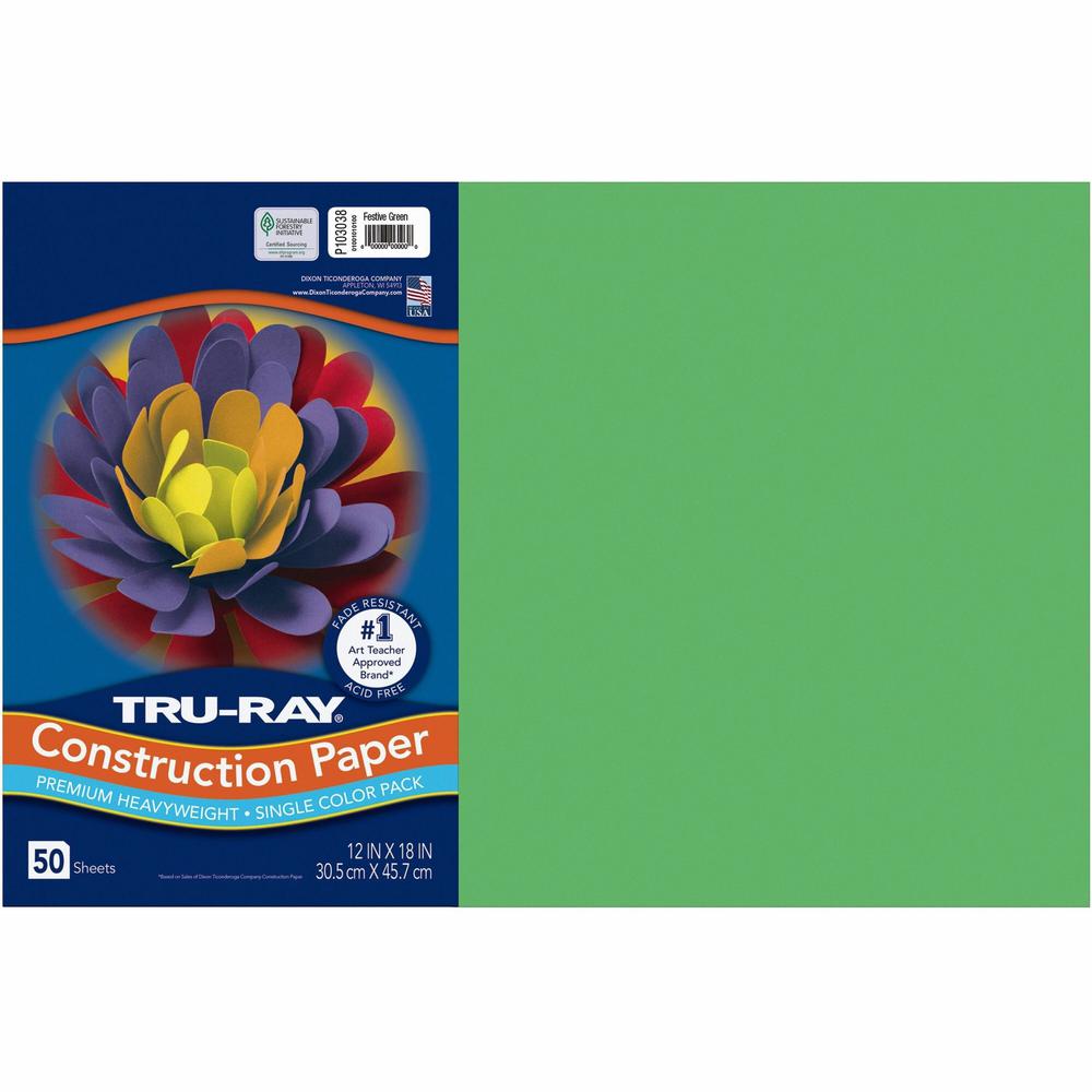 Tru-Ray Heavyweight Construction Paper - Art, Drawing - 18"Width x 12"Length - 50 / Pack - Festive Green - Sulphite. Picture 1