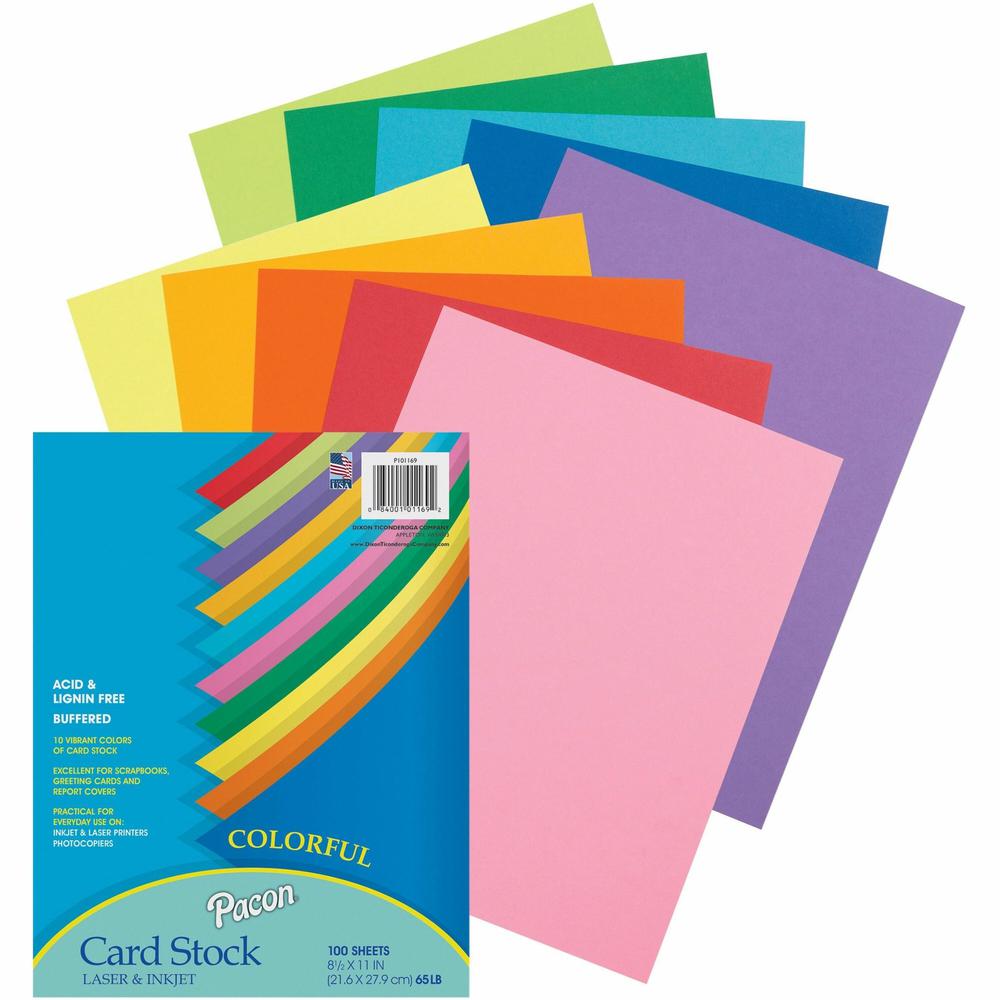 Pacon Colorful Card Stock Sheets - Letter - 8.50" x 11" - 65 lb Basis Weight - 100 Sheets/Pack - Card Stock - 10 Assorted Colors. Picture 1