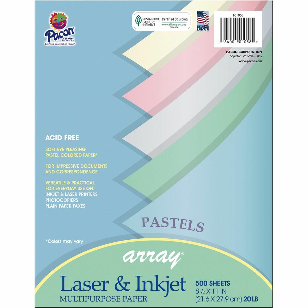 Pacon Pastel Multipurpose Paper - Pastel - Letter - 8 1/2" x 11" - 20 lb Basis Weight - 500 / Ream - Sustainable Forestry Initiative (SFI) - Pastel Lilac, Pastel Gray, Pastel Ivory, Pastel Sky Blue, P. Picture 1