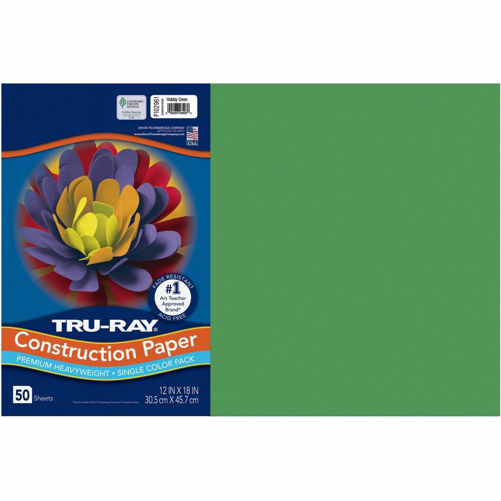 Tru-Ray Heavyweight Construction Paper - 18"Width x 12"Length - 50 / Pack - Holiday Green - Sulphite. Picture 1