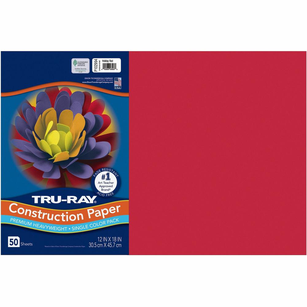 Tru-Ray Heavyweight Construction Paper - 18"Width x 12"Length - 50 / Pack - Holiday Red - Sulphite. Picture 1