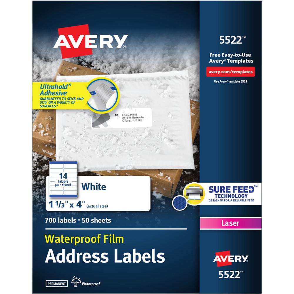 Avery&reg; 1-1/3" x 4" Labels, Ultrahold, 700 Labels (5522) - Waterproof - 1 21/64" Width x 4" Length - Permanent Adhesive - Rectangle - Laser - White - Film - 14 / Sheet - 50 Total Sheets - 700 Total. Picture 1