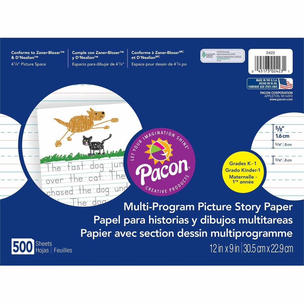 Pacon Multi-program Ruled Picture Story Paper - 500 Sheets - 0.63" Ruled - 4.25" Picture Story Space - 16 lb Basis Weight - 12" x 9" - White Paper - 500 / Ream. Picture 1